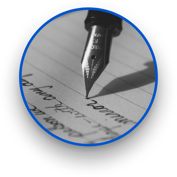 Close-up of a fountain pen writing on lined paper, encased within a circular blue border.
