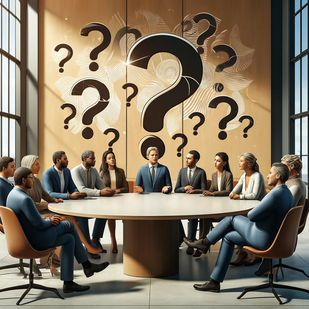 Diverse group of adults of various ethnicities engaged in a lively discussion around a round table in a modern office, highlighting the concept of asking great questions.